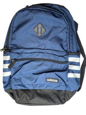 Adidas Blue & Black Striped Backpack With Front Pocket & Padded Straps